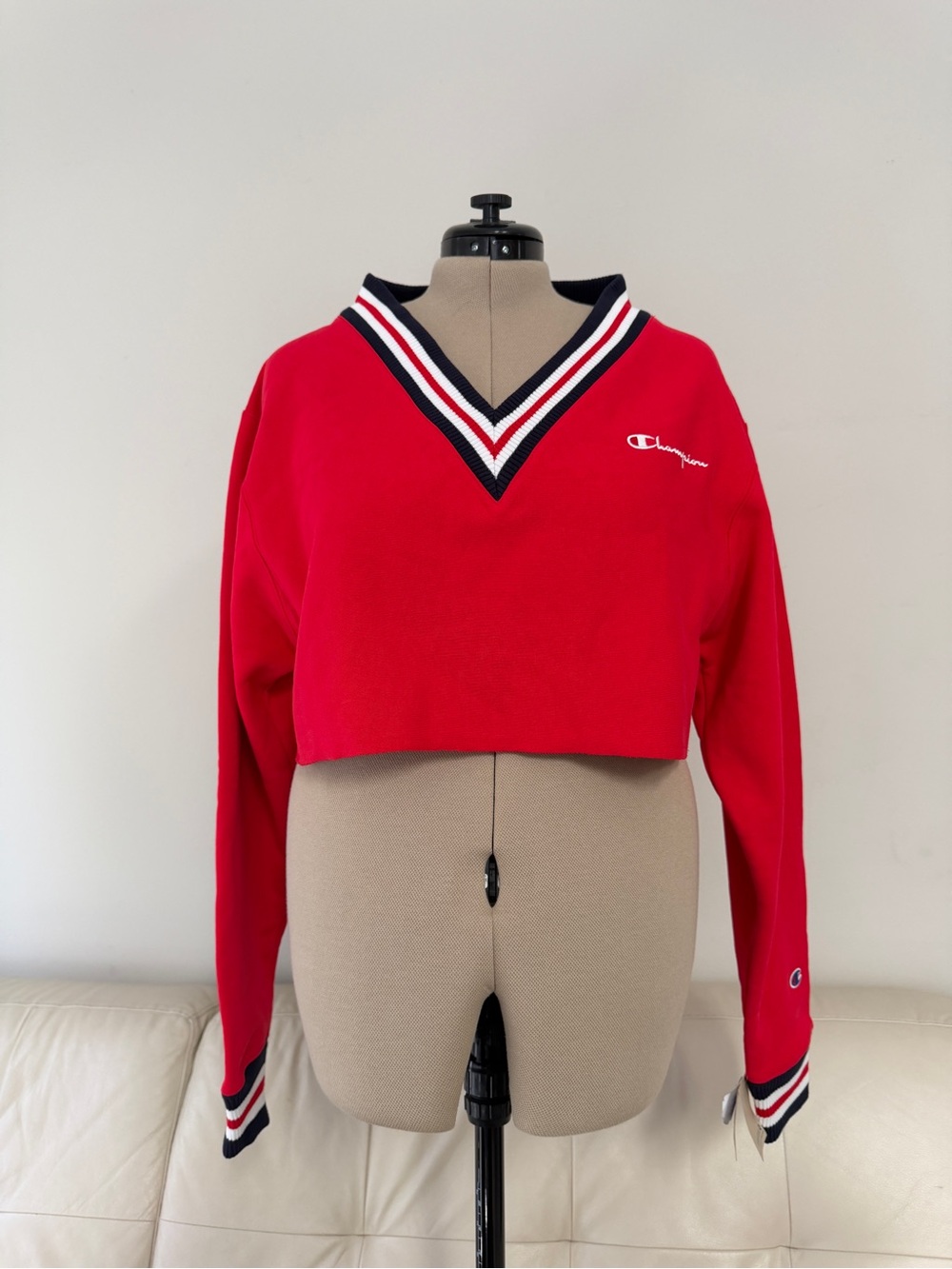 Champion Red Cropped V-Neck Sweatshirt with Navy & White Trim
